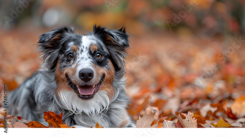 A majestic dog, with autumn leaves scattered on the ground as the background, during a brisk fall morning