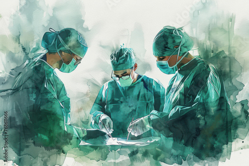 Green watercolor of a group of doctors performing surgery on a patient