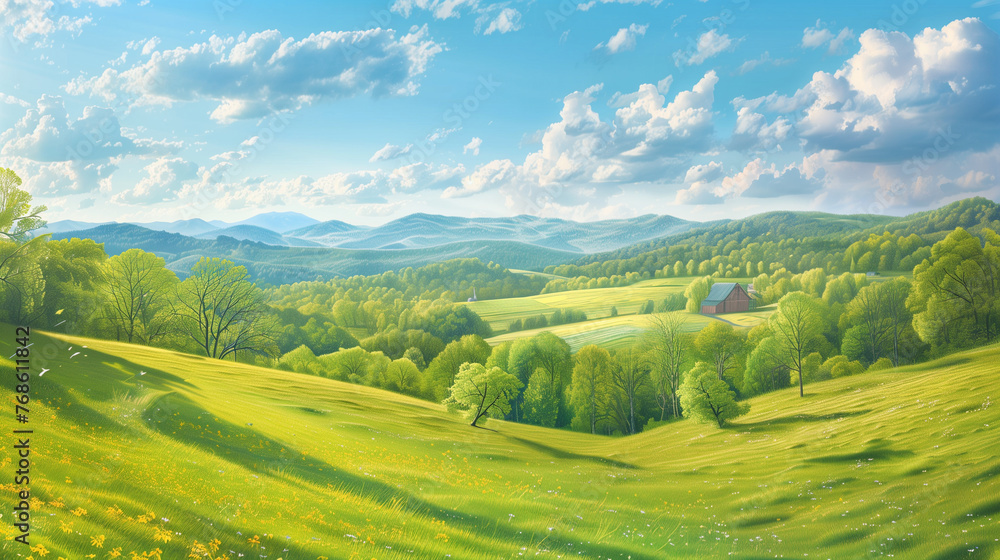 countryside landscape with rolling hills, lush green fields