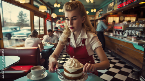 Inside a 1950s Americana diner, a waitress in uniform serves cake beside a coffee cup, with patrons and classic cars visible outside.