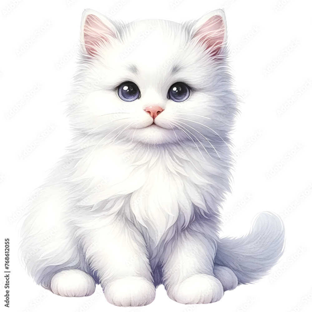  watercolor illustrations of a white cat