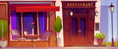 Cartoon restaurant outside eating area with coffee cup on table, chairs and decorative plants in pots near large windows and wooden door of cafe exterior. Terrace on sidewalk near building in city.