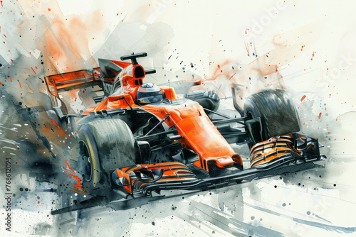 Orange watercolor painting of sport car racing in formula 1 competition