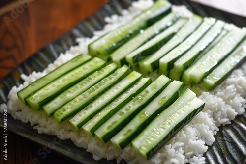 placing cucumber sticks on rice for a veggie roll