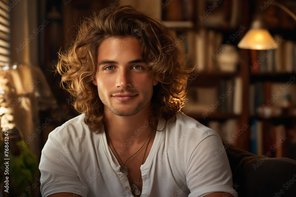 Fototapeta premium portrait of a handsome guy in a home interior, dressed in a white t-shirt