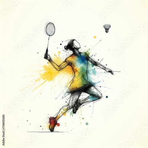 badminton player in watercolor paint illustration with Generative AI. photo