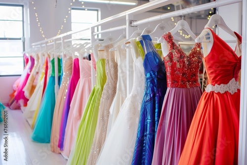 bright bridal shop with colorful dresses on a white rack