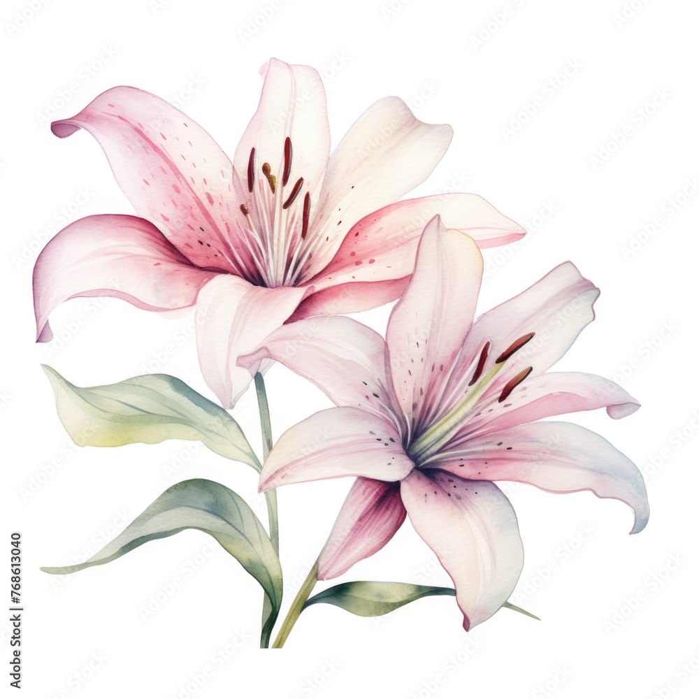 Naklejka premium Lily flower watercolor illustration. Floral blooming blossom painting on white background