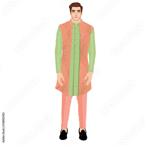 Indian Man Standing Wearing Royal Sherwani