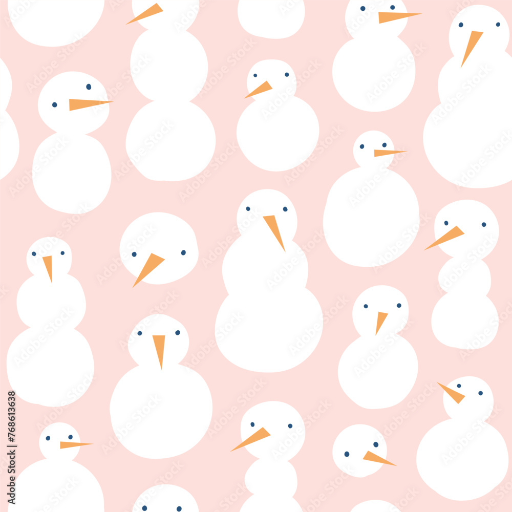 Vector winter seamless pattern. Snowman geometrical fabric design. Snowmen on pink background. Simple and stylish Scandinavian repeat texture.  - obrazy, fototapety, plakaty 
