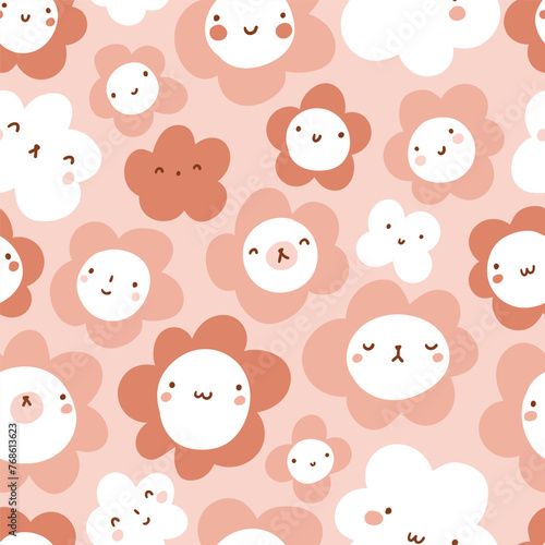 Happy and cute faces seamless pattern in hand-drawn style. Vector floral endless texture. Pink flower seamless pattern for kids fabric design. 
