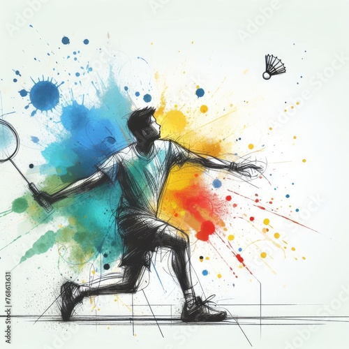 badminton player in watercolor paint illustration with Generative AI.