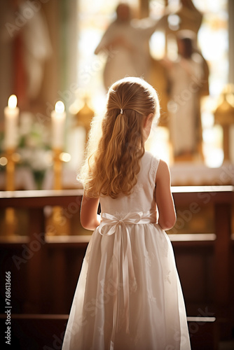 Young European girl in white formal wear standing at the church altar with lit candles and a crucifix. Back shot attending a religious service or ceremony. First communion concept.