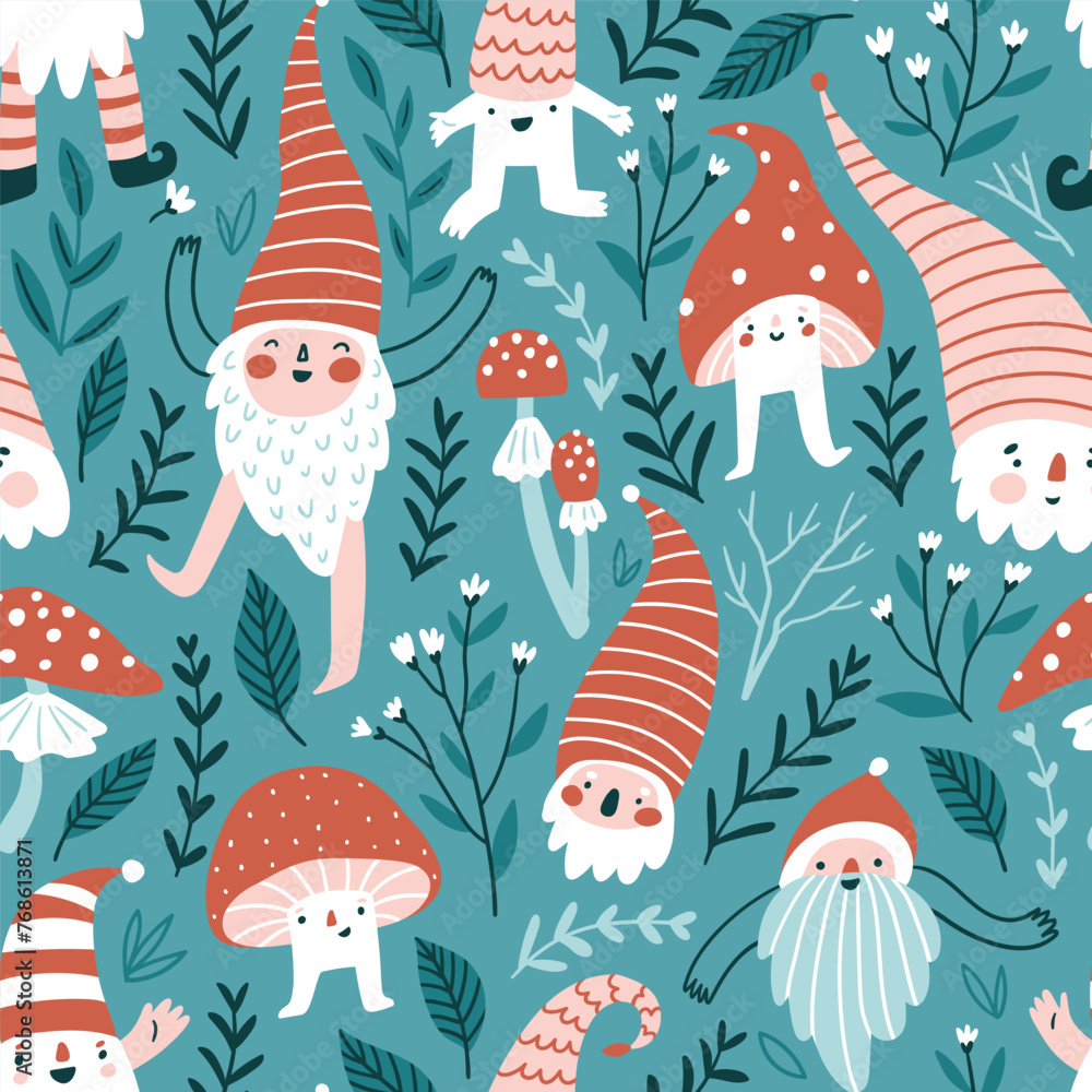 Forest fairy tale seamless pattern in hand-drawn style. Repeated pattern design with flowers, plants, mushrooms and gnomes. Fabric design for kids. - obrazy, fototapety, plakaty 