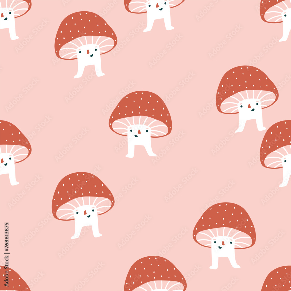 Fly agaric with smile faces seamless pattern. Pink mushroom pattern design. Vector autumn forest illustration. Simple design for kids cloths. - obrazy, fototapety, plakaty 
