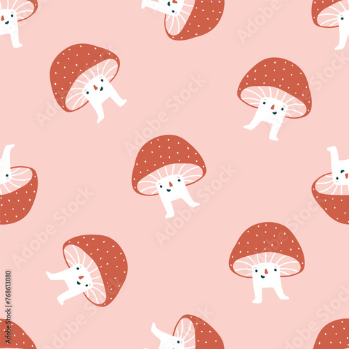 Fly agaric with smile faces seamless pattern. Pink mushroom pattern design. Vector autumn forest illustration. Simple design for kids cloths. © Utro na more