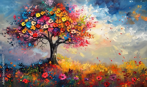Autumn Splendor, Vibrant Oil Painting of Flowering Tree © AhmadTriwahyuutomo