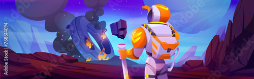 Astronaut and alien ufo spaceship crash landscape. Cosmonaut discovery saucer space ship in fantasy extraterrestrial desert after attack. Futuristic earth planet with boulder and starry sky view.