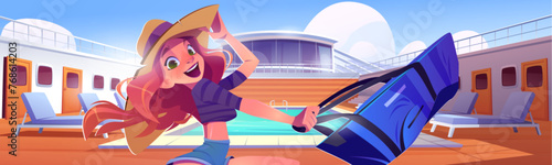 Girl on cruise ship deck on summer pool party cartoon background. Yacht boat for luxury trip on vacation. Beautiful liner terrace and cheerful model woman in hat. Navy holiday adventure wallpaper