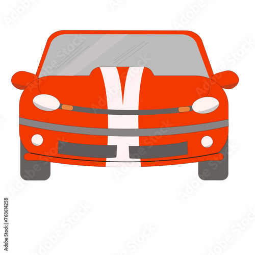 Voiture  de couleur rouge avec bandes blanches sur le capot, de face