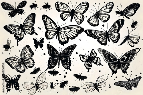 butterflies set silhouette on white background, isolated vector.