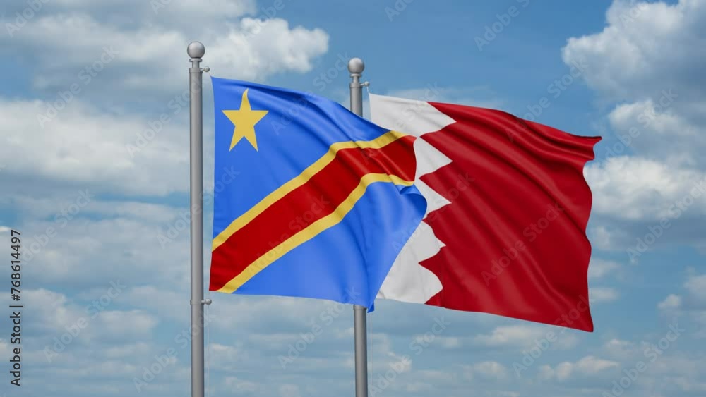 Bahrain and Democratic Republic of the Congo two flags waving together, looped video, two country relations concept Bahrain and Democratic Republic of the Congo two flags waving together, looped video, two country relations concept