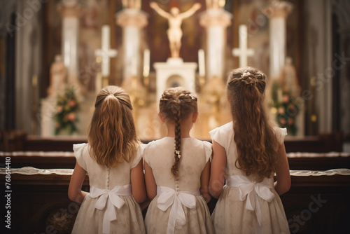 Ensemble of  girls in elegant attire standing around the church altar adorned with candles and a crucifix. Back shot attending a religious service or ceremony. First communion concept.