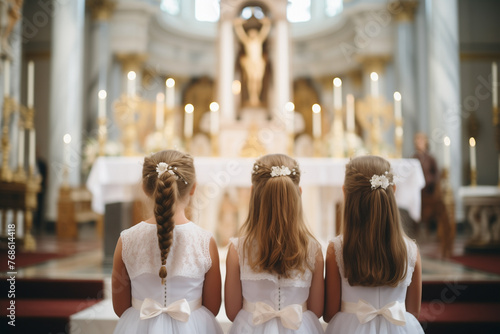Group of elegant young girls gathered near the church altar with candles and a crucifix. Back shot attending a religious service or ceremony. First communion concept.