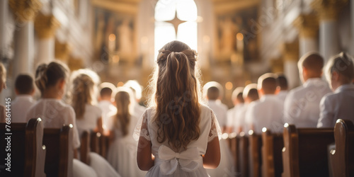 Assembly of young girls and boys in formal wear near the church altar with lit candles and a crucifix. Back shot attending a religious service or ceremony. First communion concept.