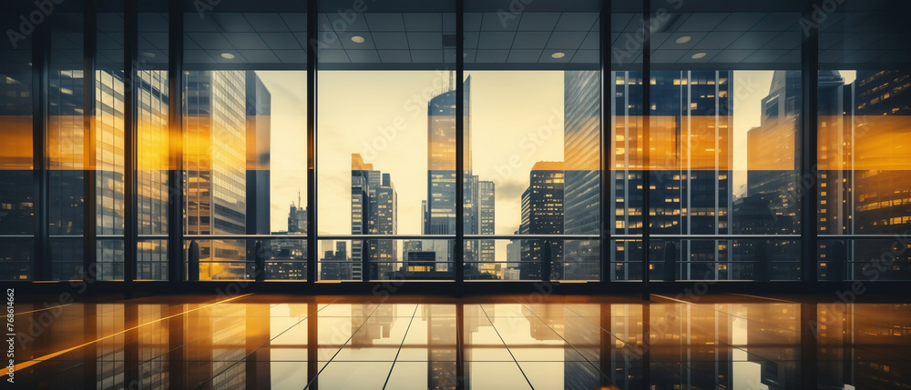 The urban observatory. A spacious room with expansive windows offers a stunning view of a bustling city below, with skyscrapers reflecting off the glass in an abstract design The urban observatory. A spacious room with expansive windows offers a stunning view of a bustling city below, with skyscrapers reflecting off the glass in an abstract design