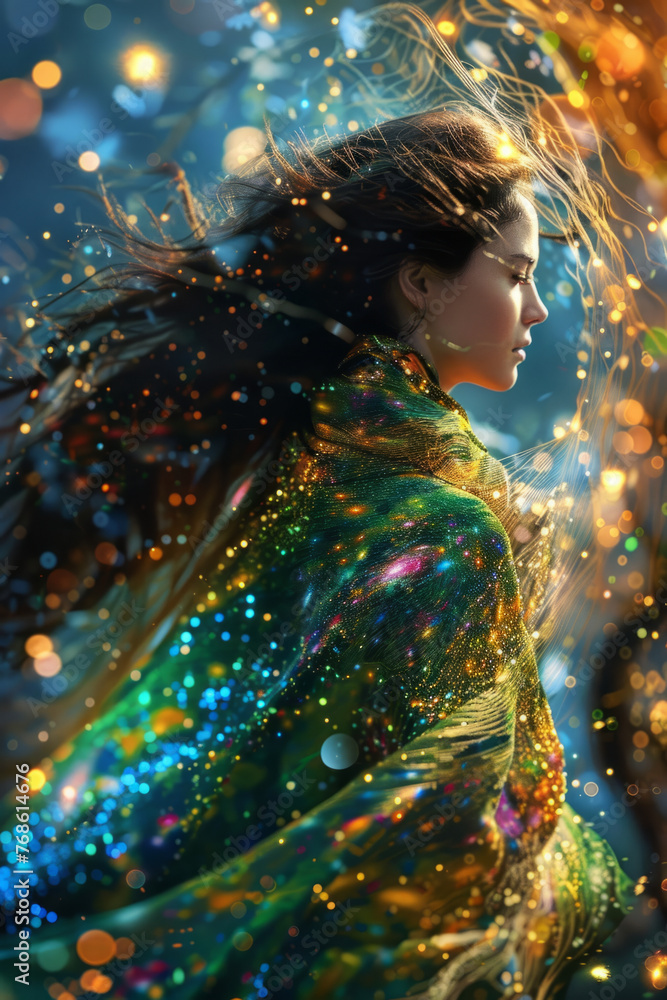 A woman with sparkling, colorful attire is captured in a dynamic pose, with her hair flowing in the wind amidst a glittering background of bokeh lights. A woman with sparkling, colorful attire is captured in a dynamic pose, with her hair flowing in the wind amidst a glittering background of bokeh lights.