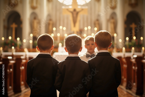 Crowd of kids dressed formally gathered around the church altar with candles and a crucifix. Back shot attending a religious service or ceremony. First communion concept.