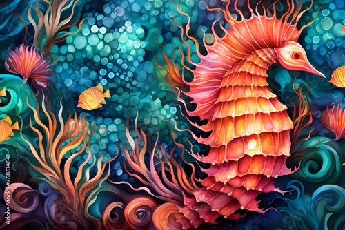 Seahorse scales in a vibrant coral reef, forming a seamless pattern of marine wonder © stocks marketing