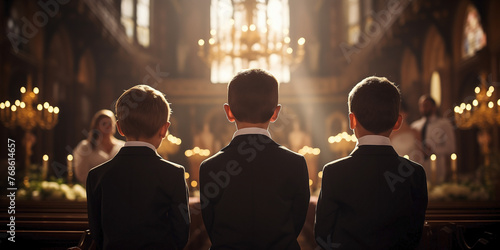 Assembly of children in formal wear positioned around the church altar with candles and a crucifix. Back shot attending a religious service or ceremony. First communion concept.