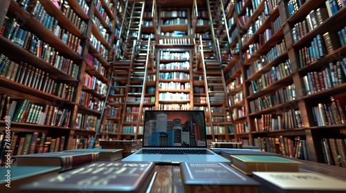 The concept of an e-book library comes to life with a laptop surrounded by virtual books, blending the classic with the digital