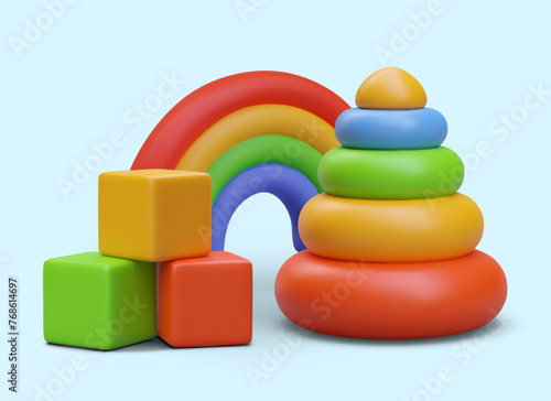 Cute bright poster with children toys in realistic style. Rainbow, pyramid, multi colored cubes