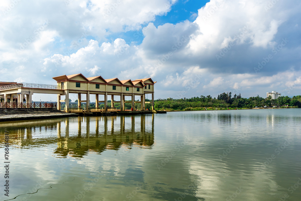 Fototapeta premium Small dam in the Wanquan River, Hainan Island, China.