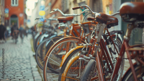 Bicycles lined up along a cobbled city street with blurred pedestrians in the background, capturing urban life and eco-friendly transportation in a European setting. © ChubbyCat