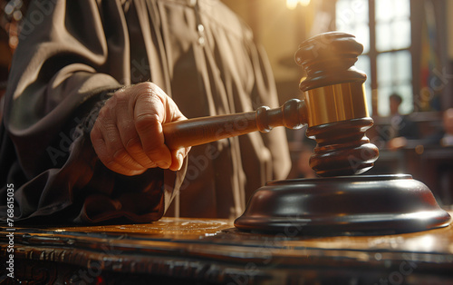 Symbol of law and justice - wooden gavel in courtroom