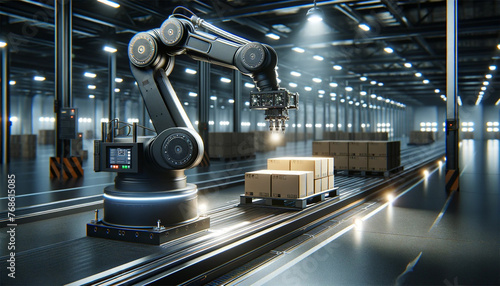 A modern robotic arm performing the painstaking work of stacking boxes on pallets. A smart warehouse  where the accuracy and efficiency of automation in logistics. This industrial enterprise is a robo