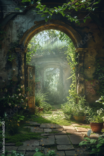 An enchanting garden pathway leads through an open ornate doorway, amidst lush greenery and overgrown foliage.