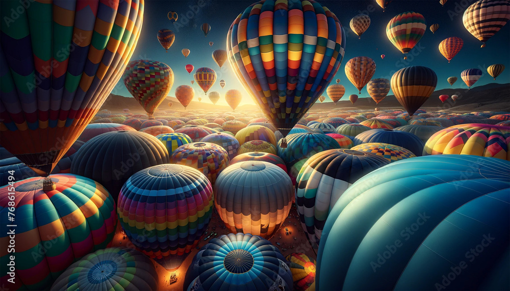 Fototapeta premium Balloon Festival. The image is filled with bright, colorful balloons with a variety of intricate patterns and patterns floating gracefully in the clear blue sky.