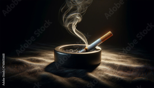 A cigarette lies on the edge of the ashtray. A thin stream of smoke rises from the cigarette.