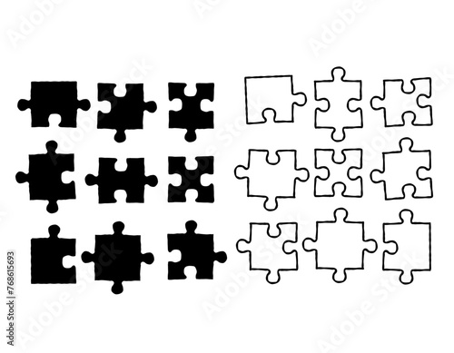 Set of vector seamless pattern hand drawn doodle sketch puzzle pieces. Design for printshop, paper, textiles. Pattern for children