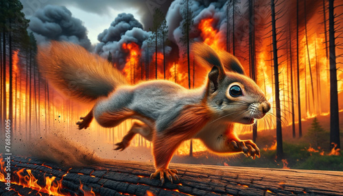 Image of a squirrel running away from a forest fire. The image captures the frantic energy and fearful expression on the squirrel's face. Wild animals fleeing a fire.