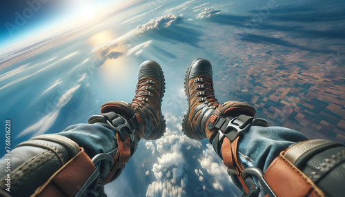 A close-up of a skydiver's booted feet dangling against the ground far below. The details of the boots, the harness straps and the texture of the ground below are in sharp focus as the horizon blurs i