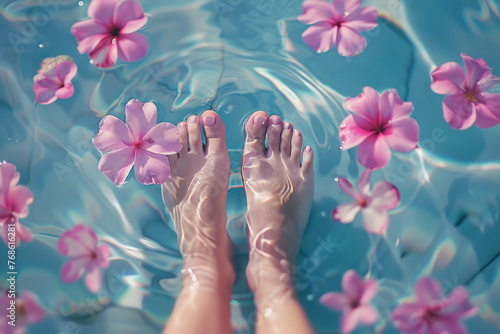 Whispering Waters: Evocative Photo of Woman's Feet Engulfed by Pink Petals on Surface
