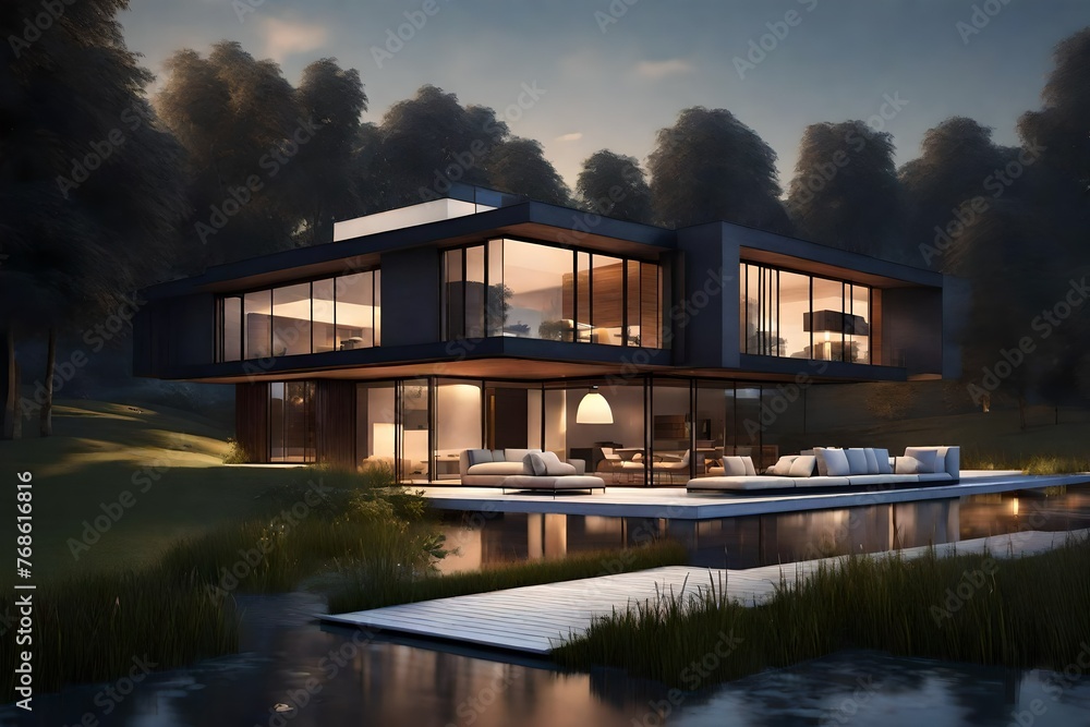 3d rendering of modern house by the river at evening