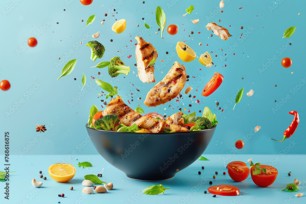 An explosion of taste portrayed in a dynamic chicken salad, with floating tomatoes, lettuce, and spices against a pastel blue backdrop - obrazy, fototapety, plakaty 