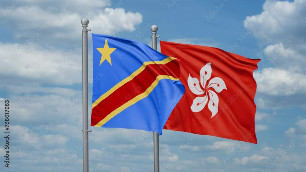 Hong Kong and Democratic Republic of the Congo two flags waving together, looped video, two country relations concept Hong Kong and Democratic Republic of the Congo two flags waving together, looped video, two country relations concept